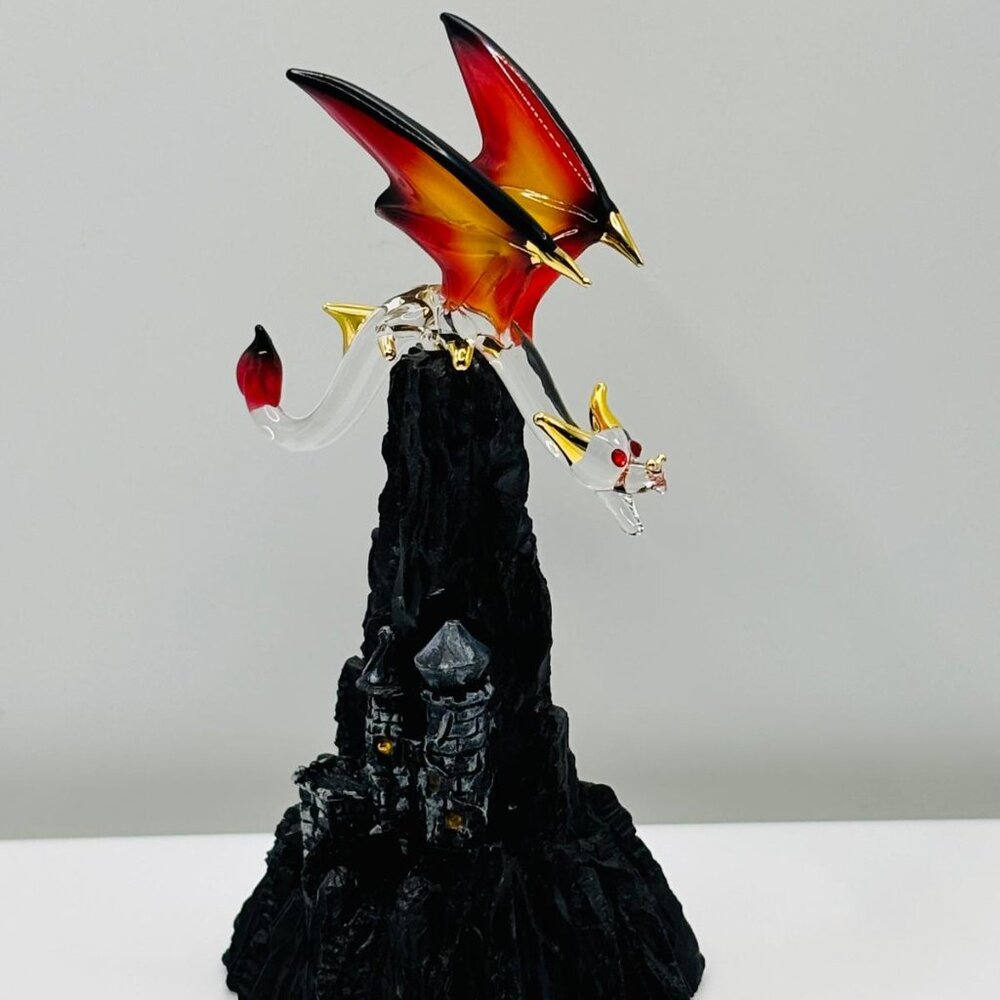 Castle Mountain Dragon Figurine Red Wing Glass Gothic Fantasy Castle Decor